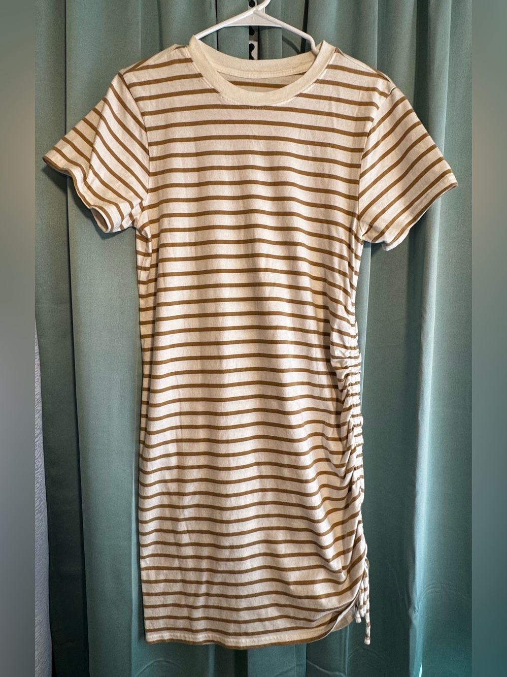 Striped Ruched Side T-Shirt Dress Tan White Casual Stretch Mini Dress